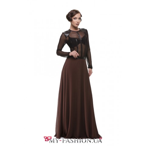 Вечернее платье коричневого цвета с прозрачным верхом